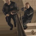 Artwork showing two cops with shotguns climbins the stairs.