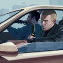 Artwork showing two armed men in a car.