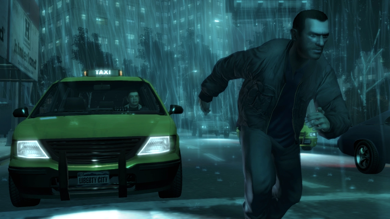 Nikorunning though the rain of Liberty City.