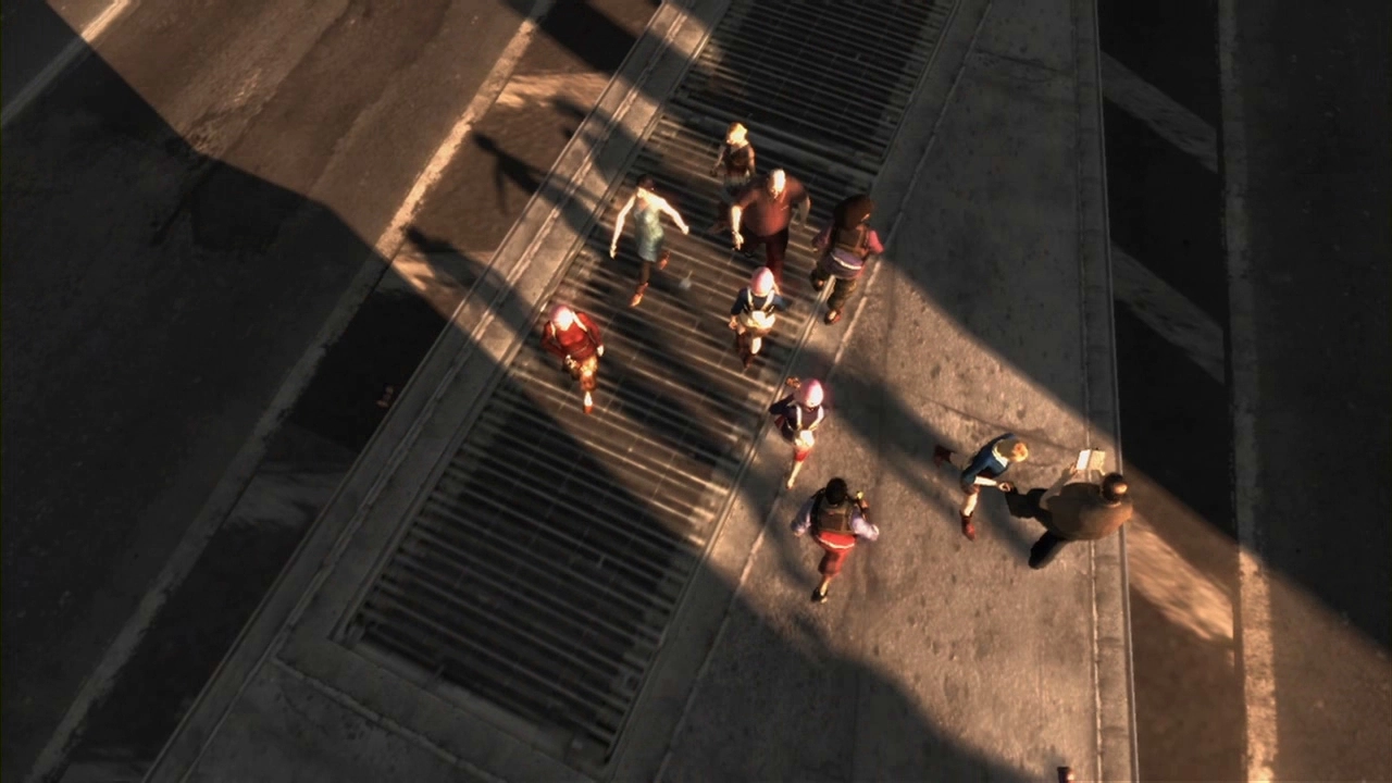 Pedestrians seem drawn to the light.