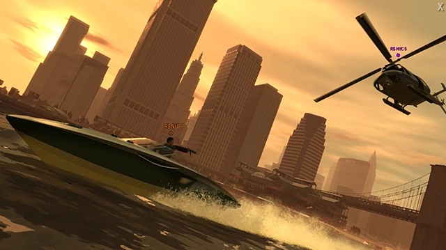 Helicopter chasing a boat.