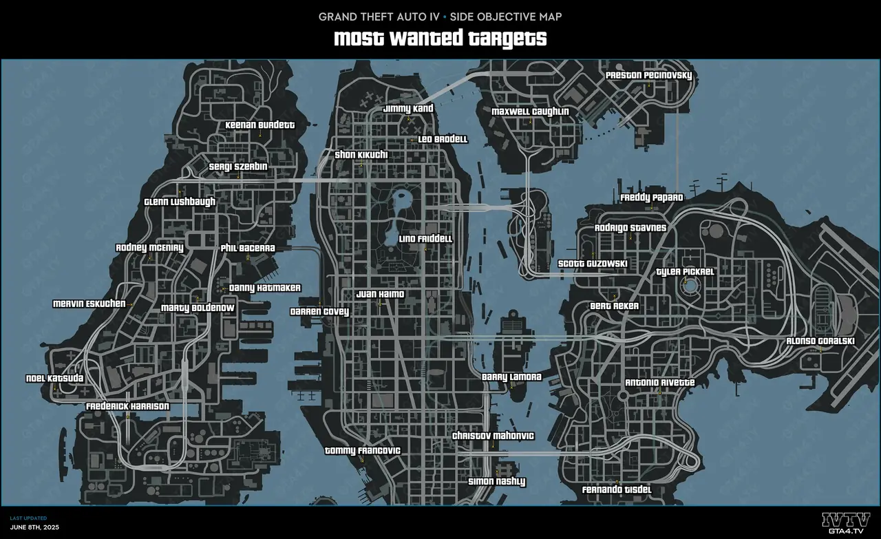 GTA IV Most Wanted Targets Map